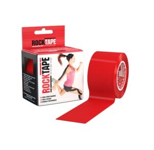Red RockTape kinesiology tape with packaging and athlete illustration.