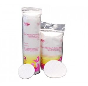 Two packs of round cotton pads with a few pads outside the packaging.