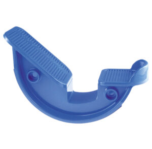 Blue plastic pipe bending tool with a textured grip.