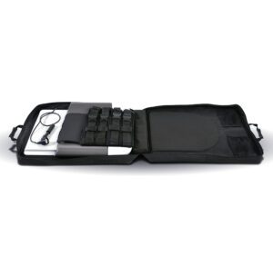 Open black tactical gear pouch with organized compartments and straps.