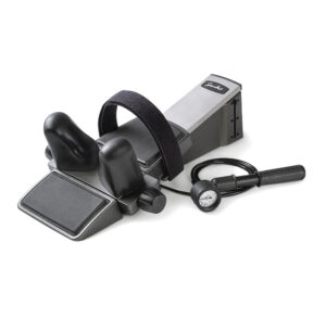 A handheld barcode scanner with a wrist strap and attached cable.