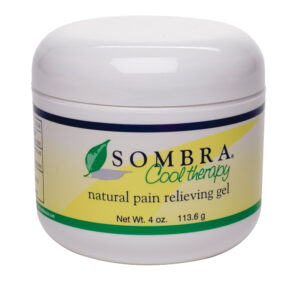 Jar of Sombra natural pain relieving gel with cooling effect.