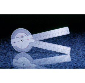 A transparent protractor with two adjustable arms on a reflective surface.