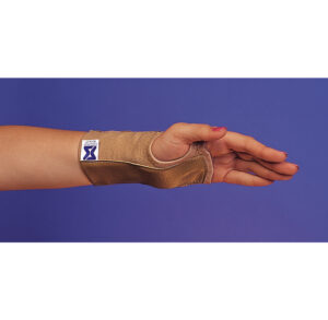 Human hand with a small adhesive bandage on the wrist against a blue background.