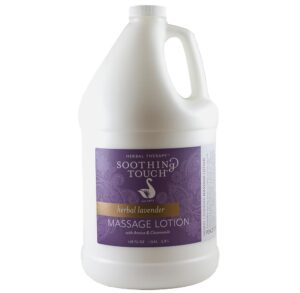 A gallon jug of Root Lush Tonic Massage Lotion with a purple label.