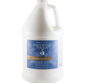 A gallon bottle of Southern Botanicals Massage Lotion with a blue label.