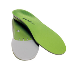 Pair of green and white orthotic insoles designed for foot support.