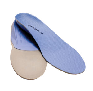 Pair of blue and beige orthotic shoe insoles.