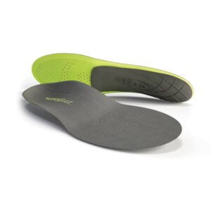 A pair of gray and green shoe insoles designed for comfort and support.