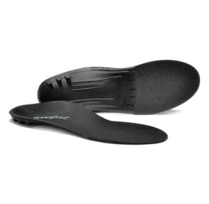 A pair of black shoe insoles with a sleek design.