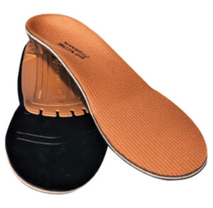 A pair of brown and black shoe insoles designed for comfort.