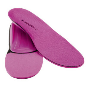Pair of pink orthotic shoe insoles with textured surface.