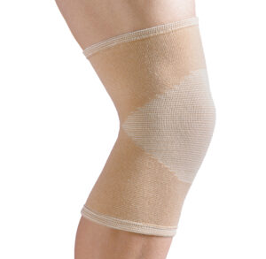 A beige elastic knee brace providing support and compression.