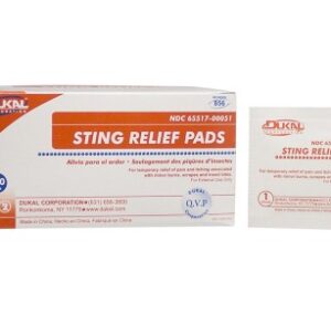 Box of sting relief pads with one pad displayed.