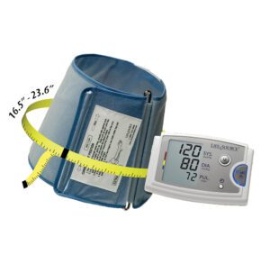 Digital blood pressure monitor with cuff and measurement tape.