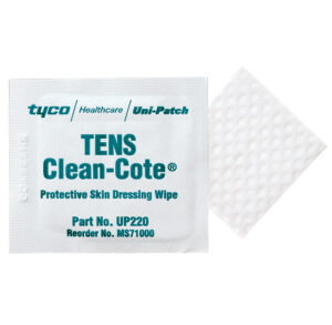 Pack of Tyco TENS Clean-Cote protective skin dressing wipes.