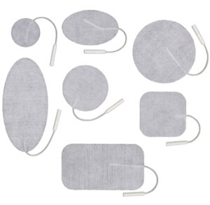 Set of gray electrode pads with wires for medical use.
