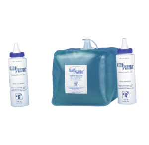 Two bottles and a container of cleaning solution for medical use.