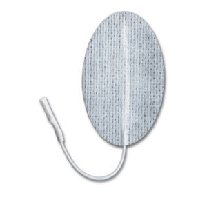 Oval-shaped medical electrode with a wire connector.