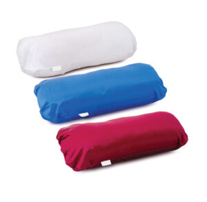 Three rectangular pillows in white, blue, and red colors.