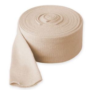 A roll of beige elastic bandage for support and compression.