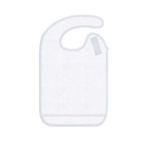 White baby bib with a simple design and a closure tab.