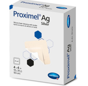 Box of Proximer Ag Silver wound dressings with foam and adhesive.