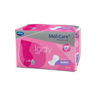 Pack of MoliCare Lady sanitary pads in pink packaging.