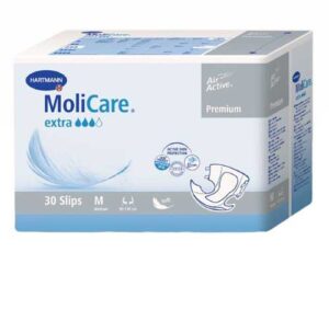 Package of MoliCare Extra adult incontinence pads.