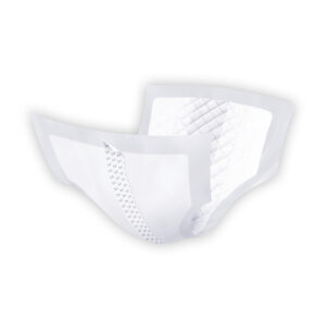 A white adult diaper with side tabs and ventilation holes.