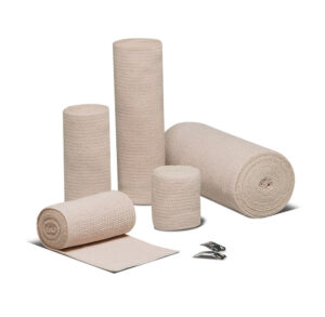 Various sizes of beige elastic bandage rolls with clips.