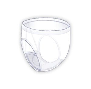Transparent 3D model of a baby diaper showing internal structure.