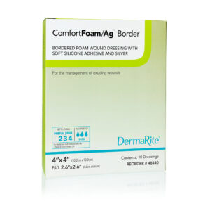 Box of ComfortFoam Ag Border wound dressing by DermaRite.