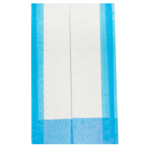 A white and blue plastic bag or pouch with a transparent center.