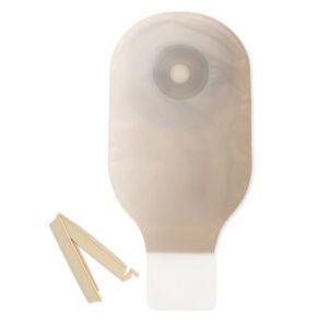 Transparent ostomy bag with beige clip on white background.