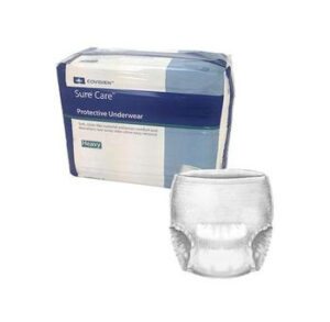 Adult incontinence protective underwear in blue packaging.