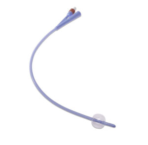 A flexible silicone Foley catheter with a drainage balloon.