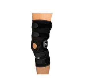 Black knee brace with adjustable straps and open patella support.