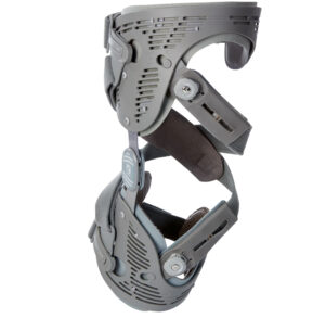 A high-tech robotic knee brace with mechanical joints and adjustable straps.