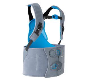 Ergonomic baby carrier with adjustable straps and supportive waist belt in blue and gray.