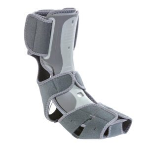 Gray orthopedic walking boot for foot and ankle support.