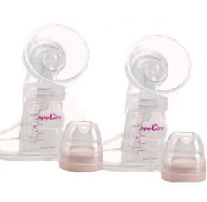Two manual breast pumps with clear bottles and pink caps.