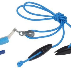 Blue fishing lanyard with attached tools and clips.