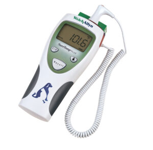 Digital thermometer with probe and wrist strap for temperature measurement.