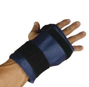 Hand wearing a black and blue wrist support brace.