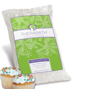 A bag of Therawhite cushioning material with cupcakes nearby.