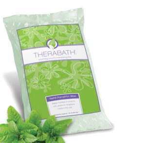 Therapeutic aromatic bath salts in a green and white package.