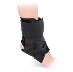 Black ankle brace providing support and stability.