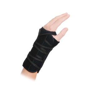 Black wrist and thumb support brace on a hand.