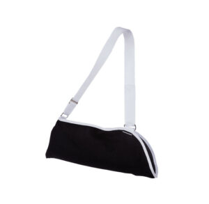Black wrist sling with white adjustable strap and zipper pocket.